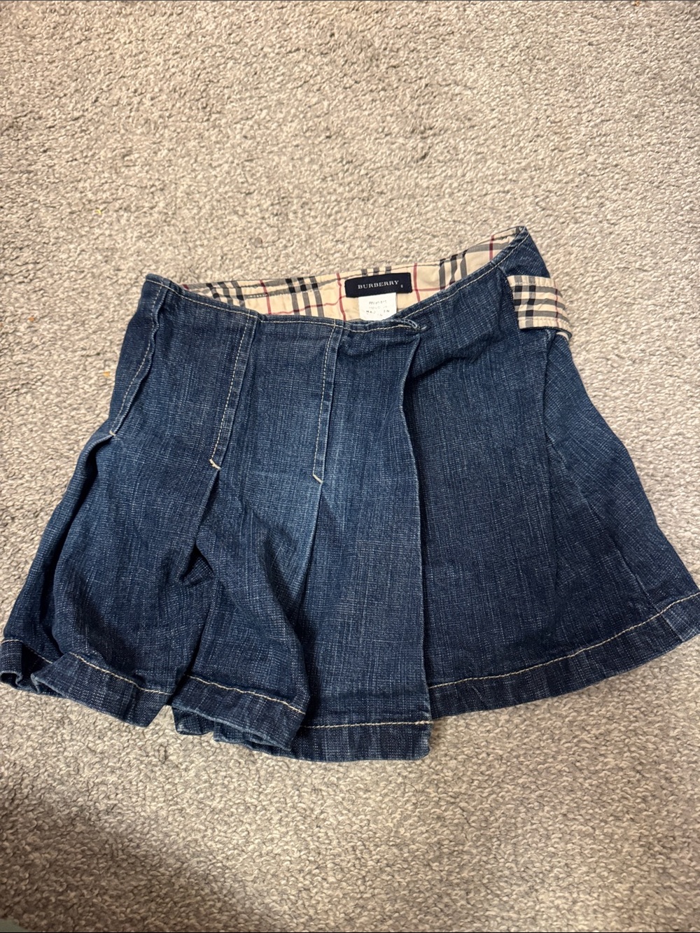 Burberry Blue Denim Pleated Mini Skirt with Iconic Check Waistband